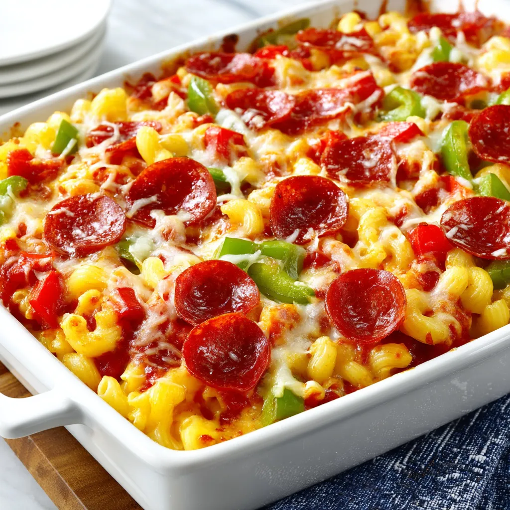 A white dish with red peppers and pepperoni.