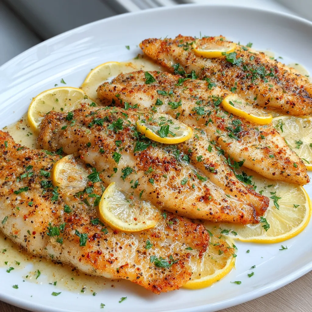 A plate of fish with lemon slices on top.