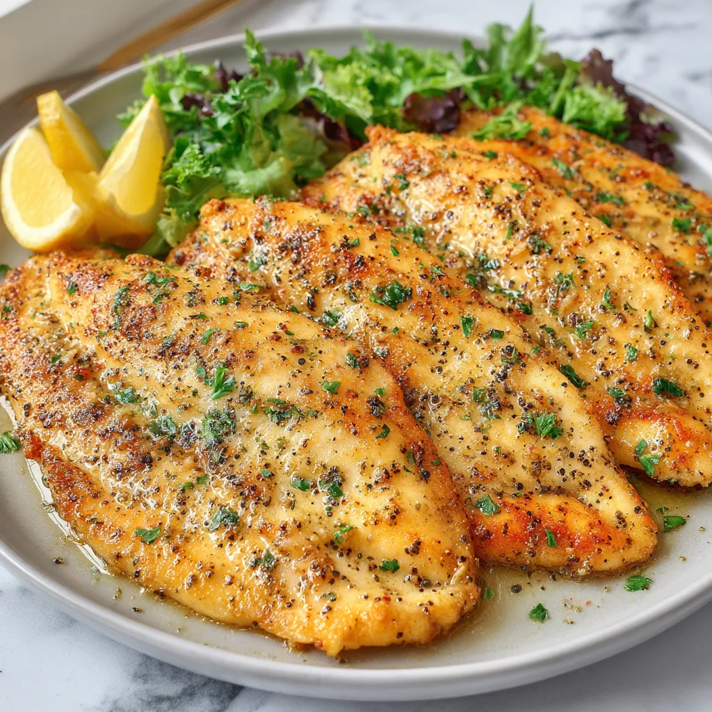 A plate of chicken with a lemon wedge on top.