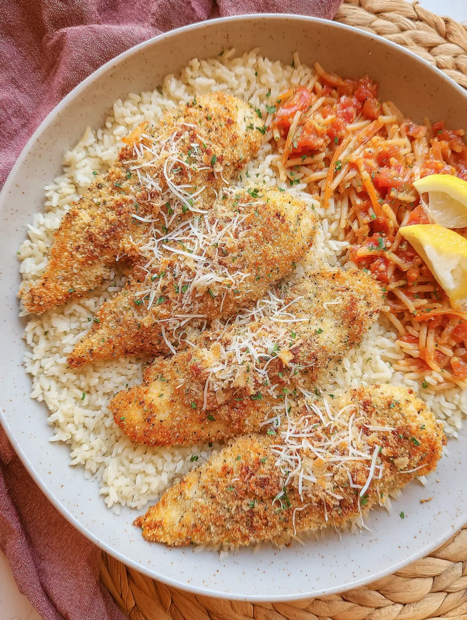 A plate of food with rice, chicken, and tomatoes.
