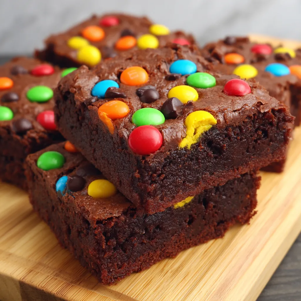 A chocolate brownie with M&M's on top.