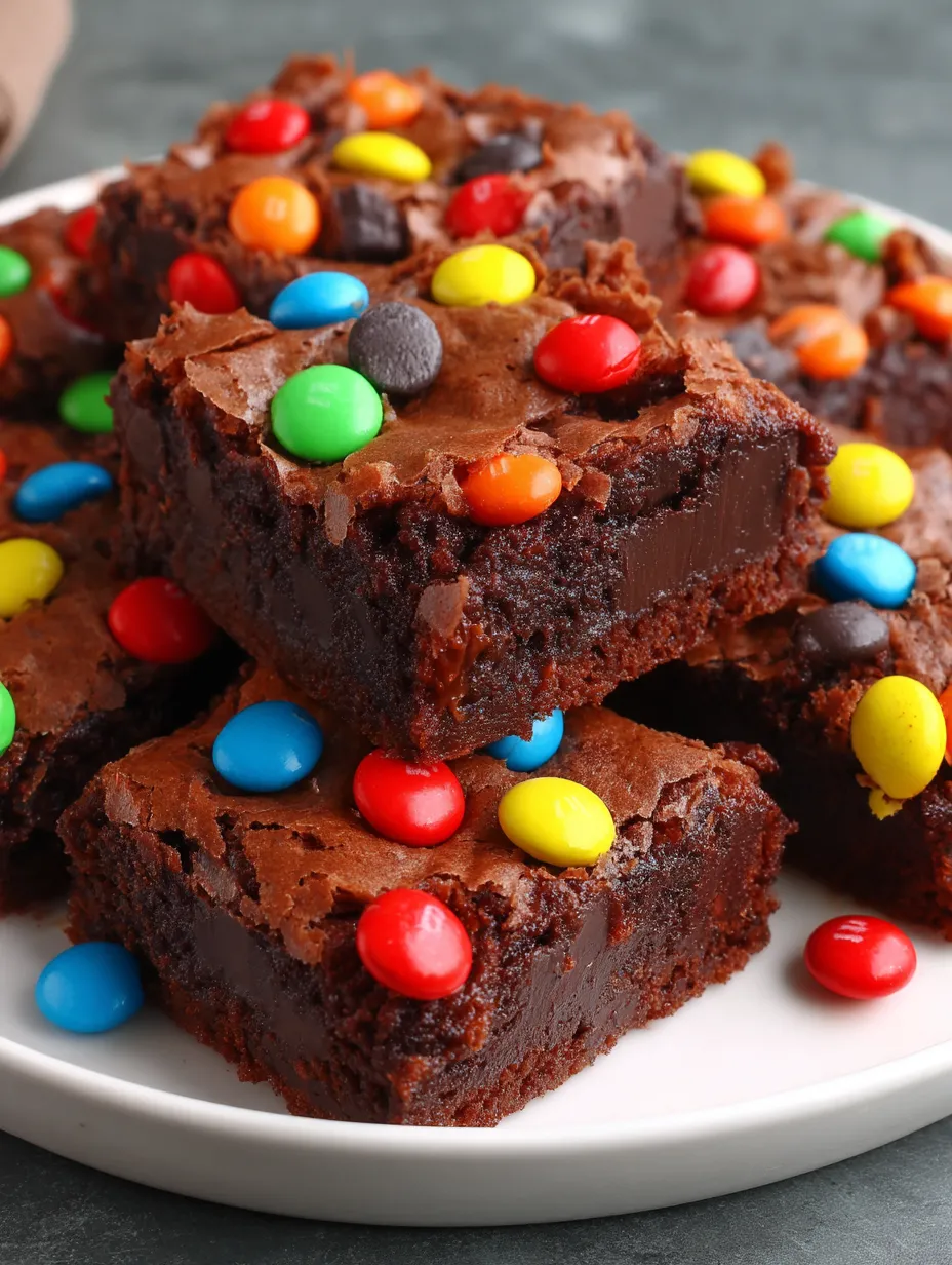 A plate of chocolate cake with m&m's on top.