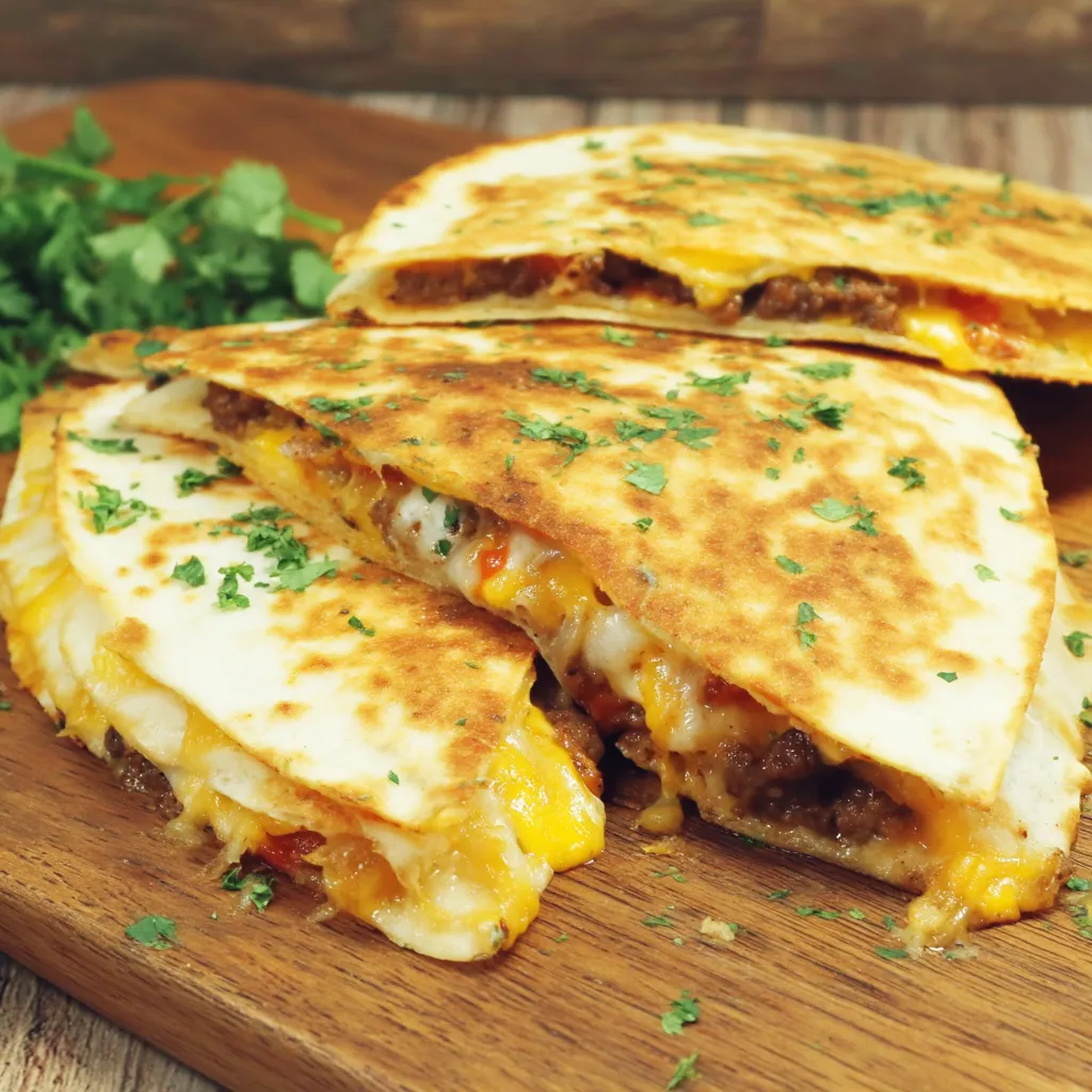 Two pieces of food on a wooden board.