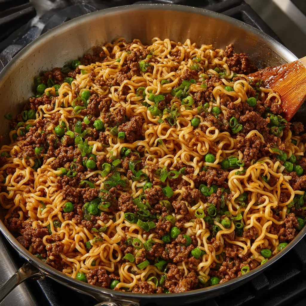 A pan of noodles with peas and meat.