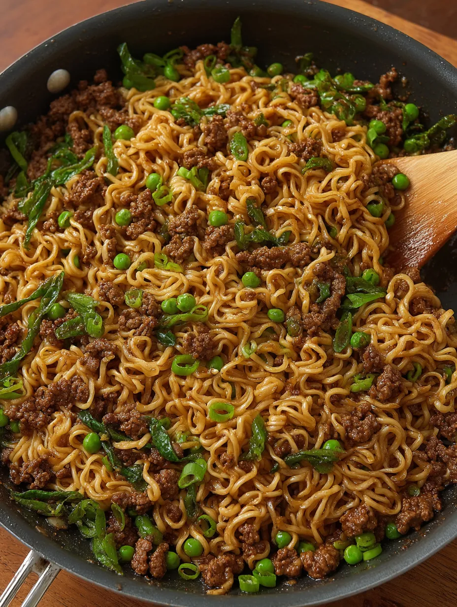 A bowl of noodles with peas and meat.