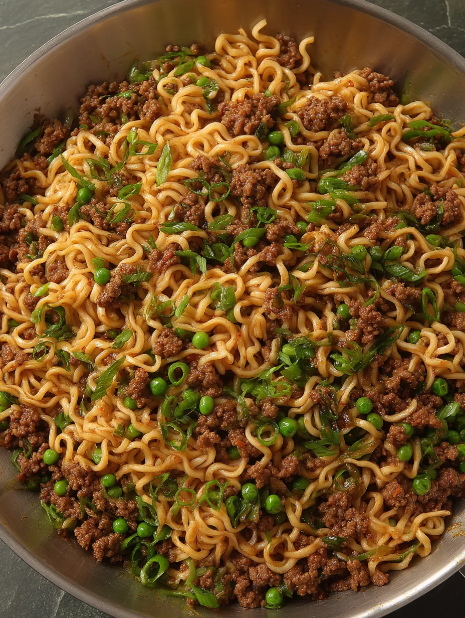 A bowl of noodles with peas and meat.
