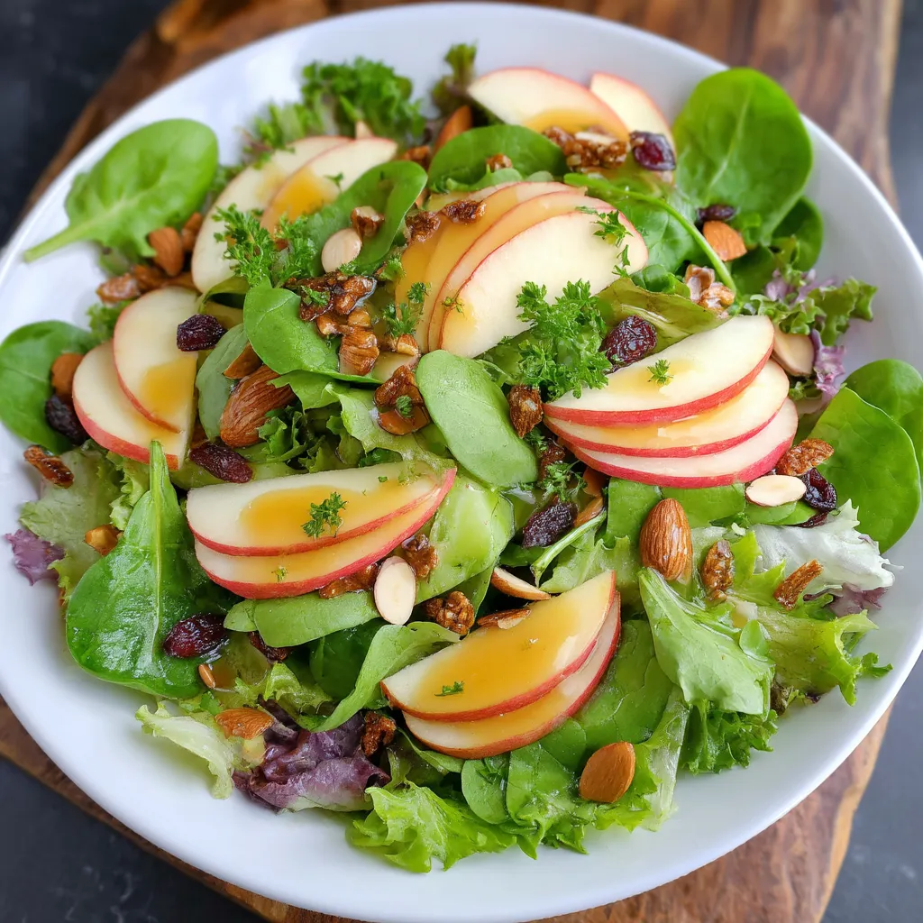A plate of salad with apples and nuts.