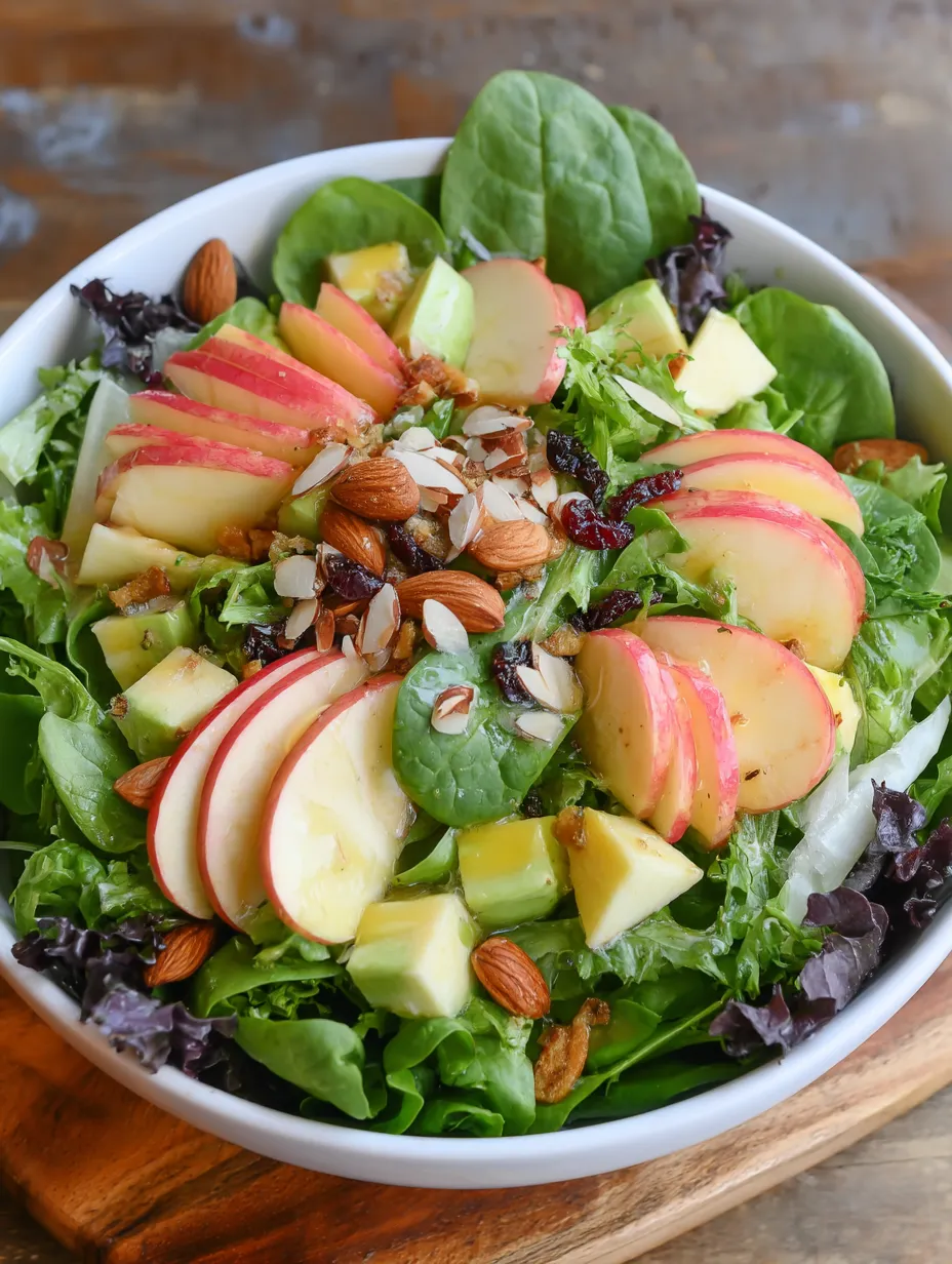 A bowl of salad with apples, nuts, and greens.