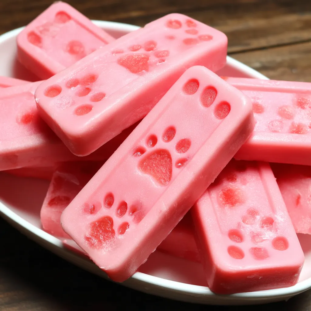 A bowl of pink frozen treats with a cat paw on them.
