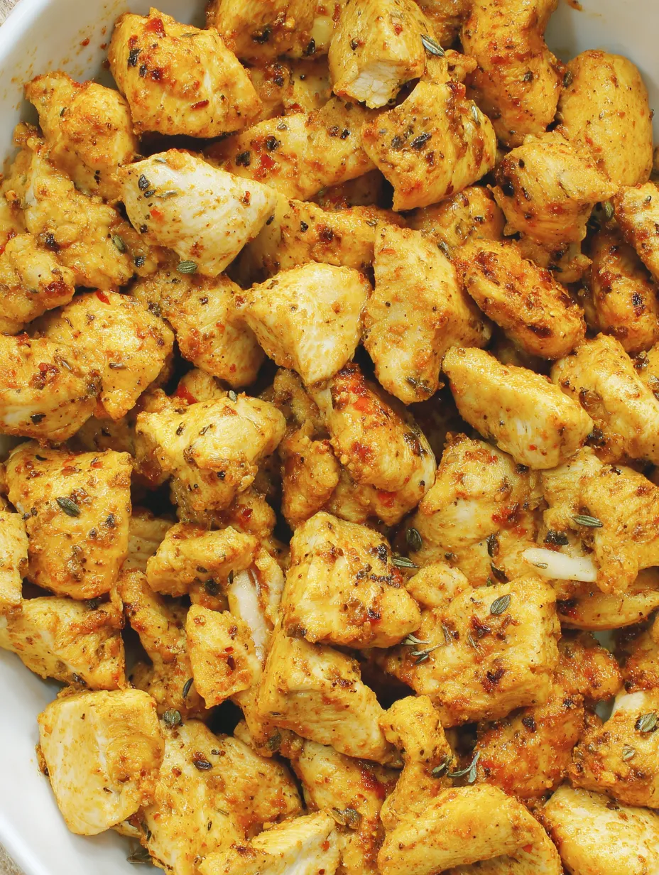A bowl of chicken with spices.