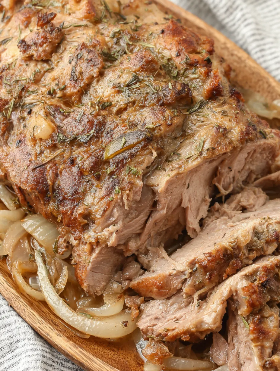 A piece of meat with onions on a wooden board.