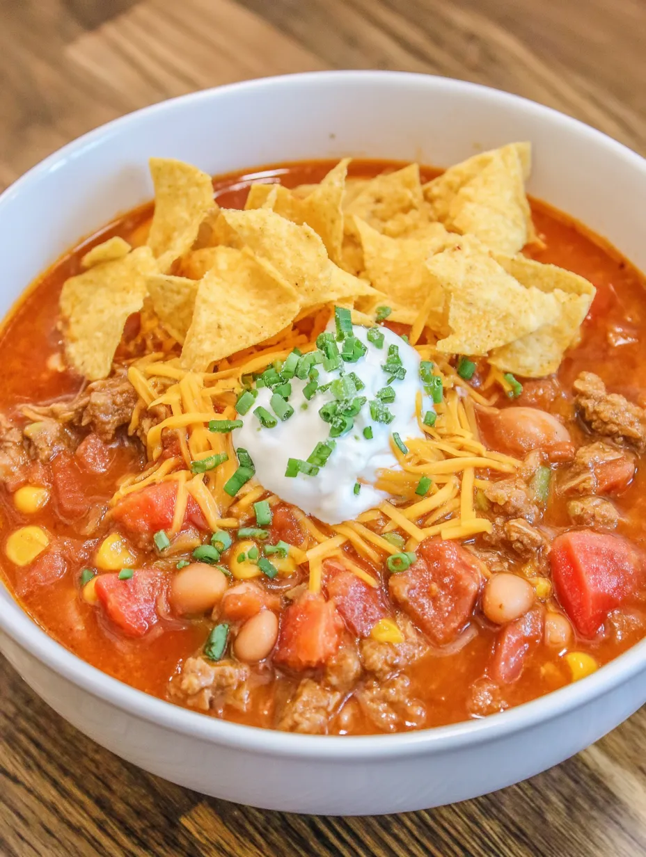 A bowl of soup with chips on top.