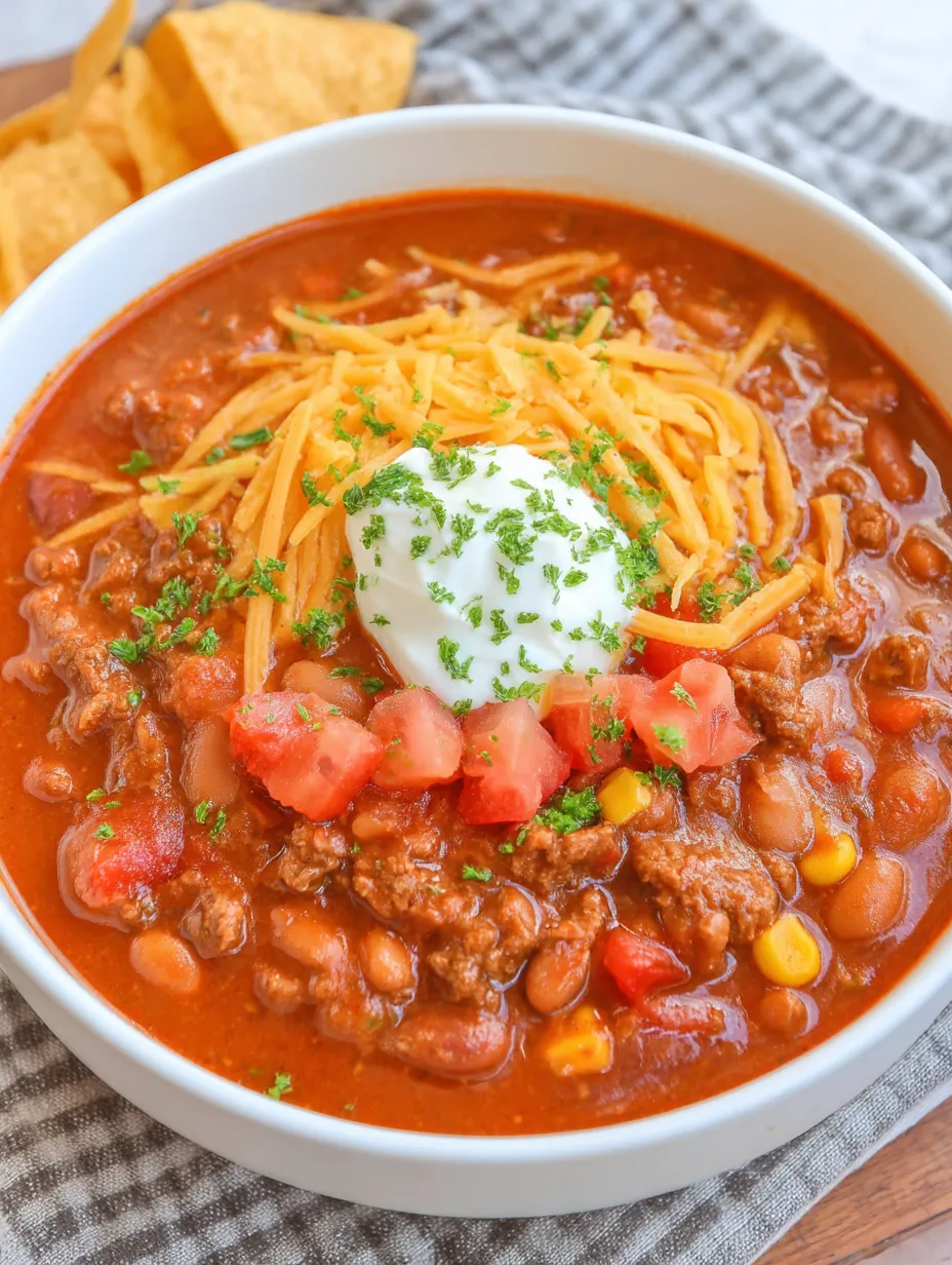 A bowl of chili with cheese and tomatoes.