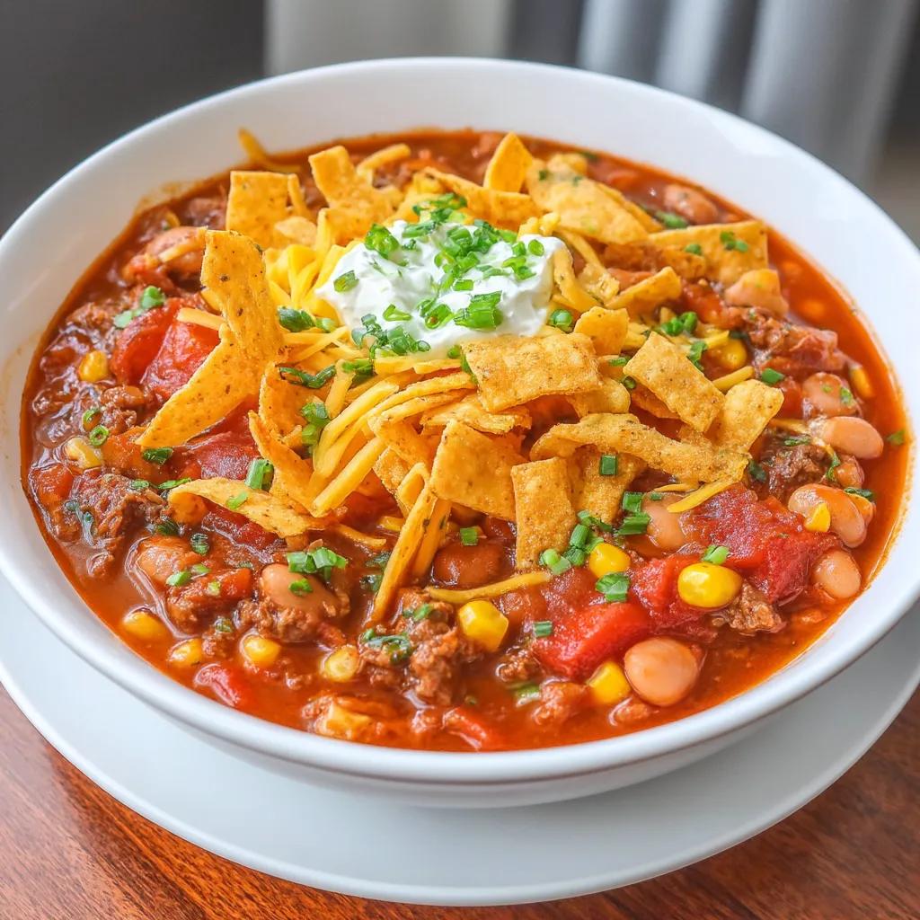 A bowl of chili with a dollop of sour cream on top.