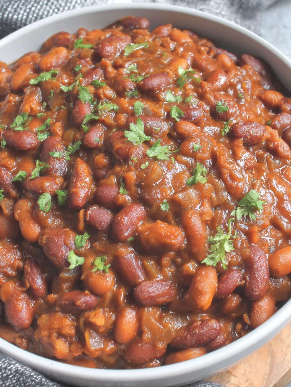 A bowl of beans with green and yellow toppings.