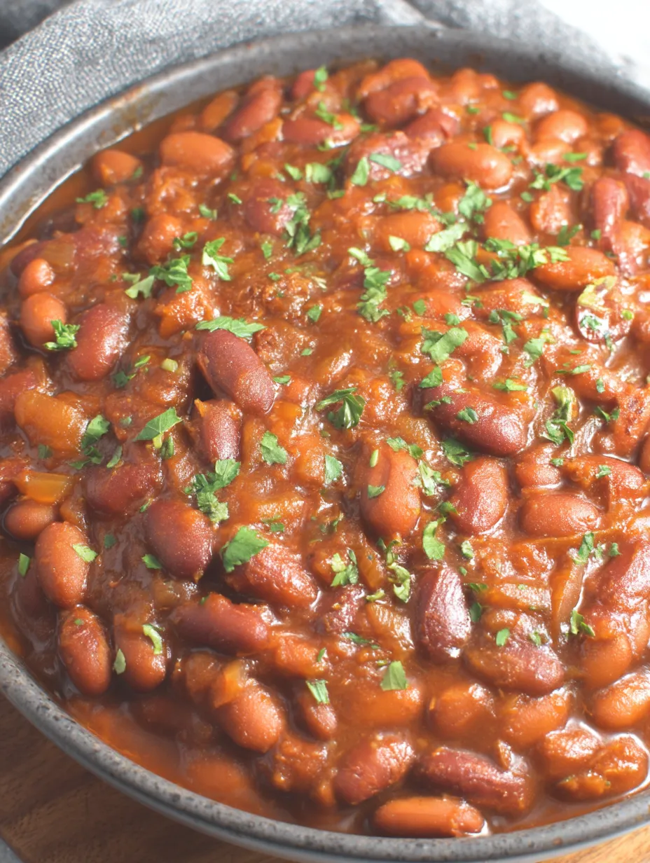 A bowl of beans with green herbs on top.