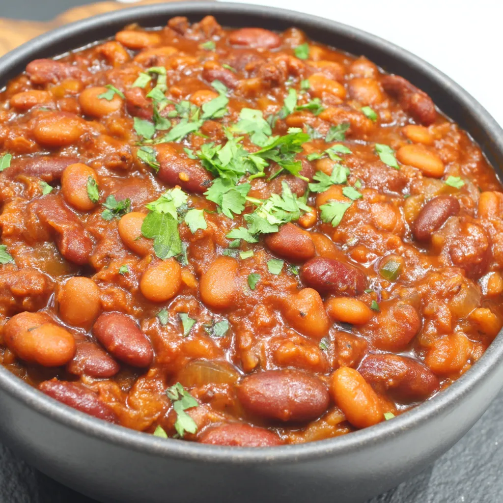 A bowl of beans with green herbs on top.