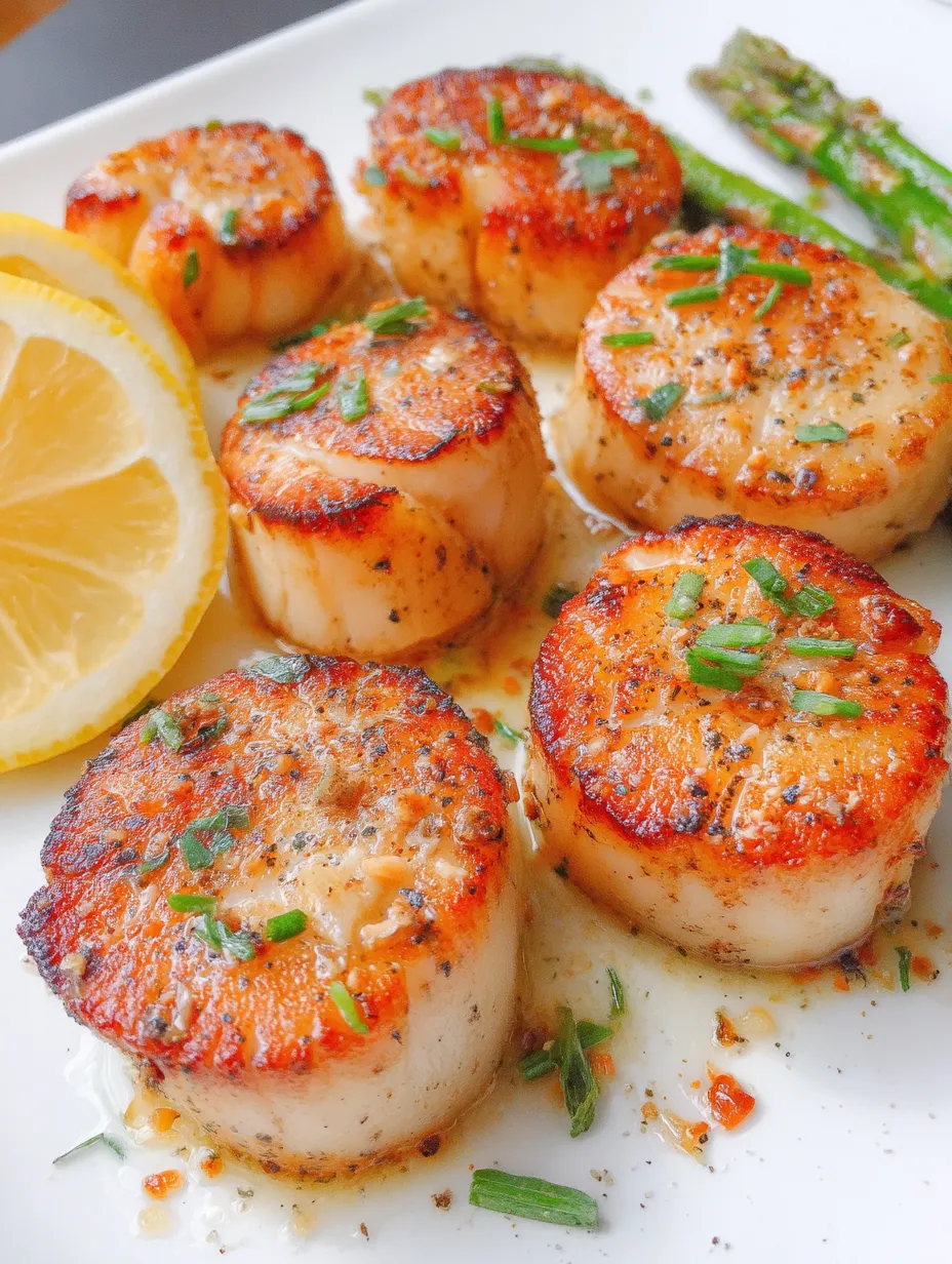 A plate of cooked scallops with lemon wedges.