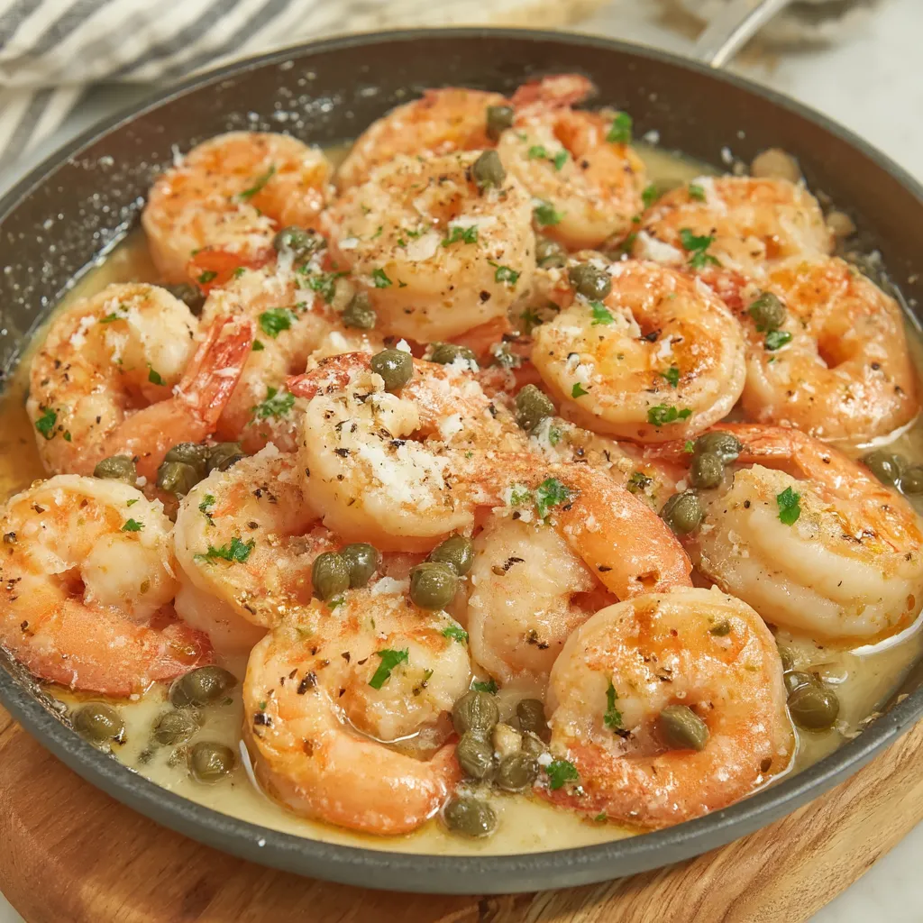 A pan of shrimp with peppers and cheese.