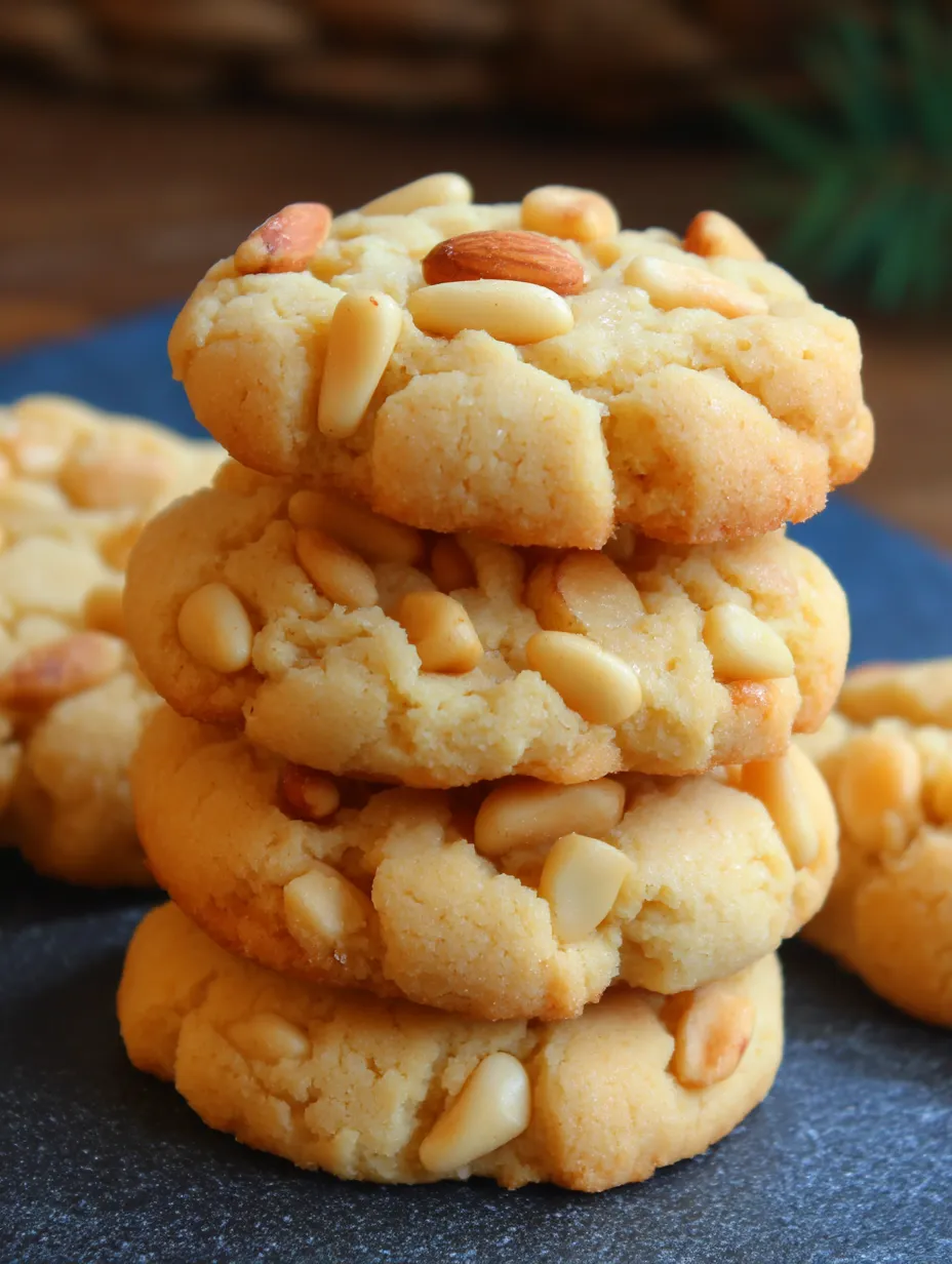 A stack of cookies with almonds on top.