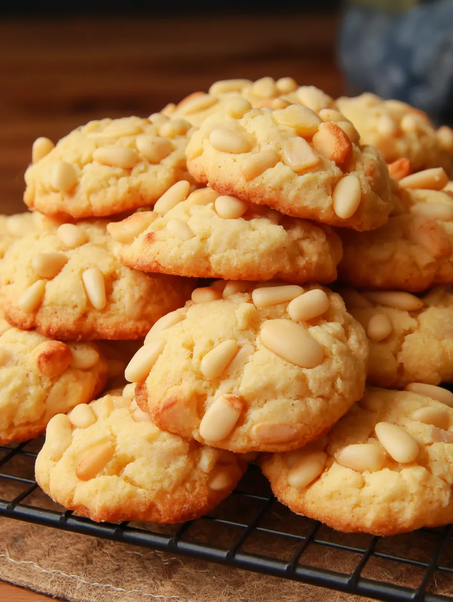A stack of cookies with almonds on top.