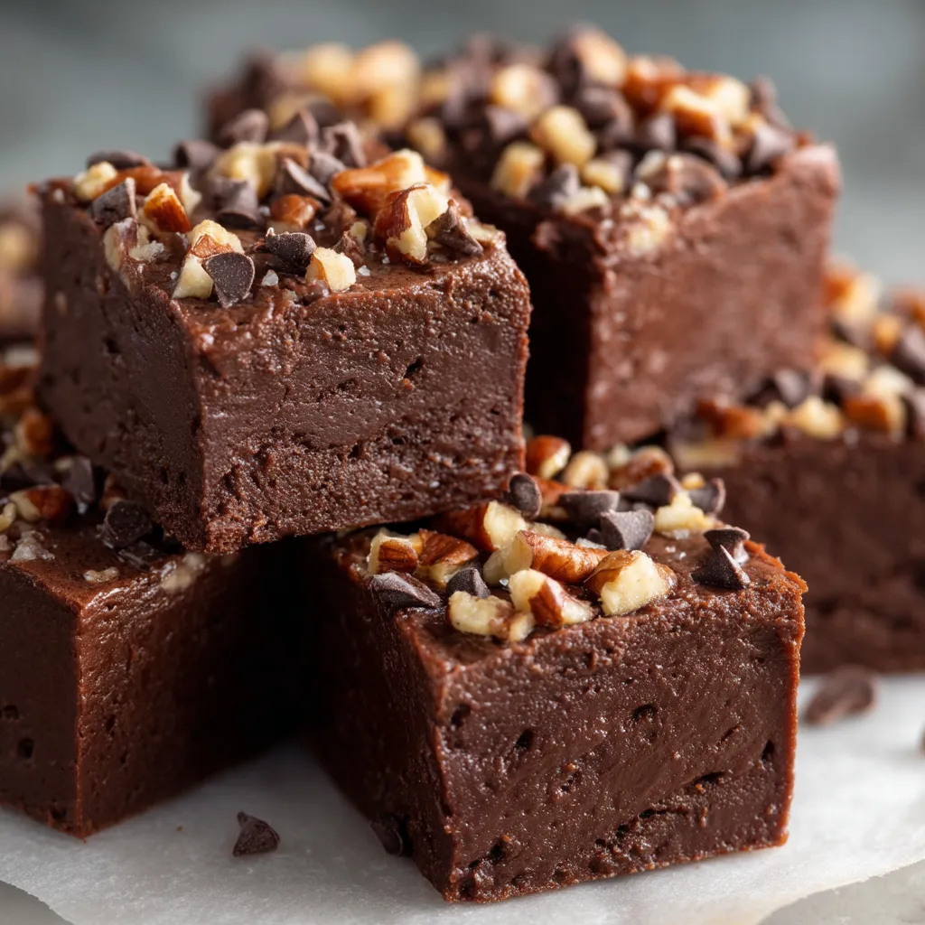 Chocolate cake with nuts on top.