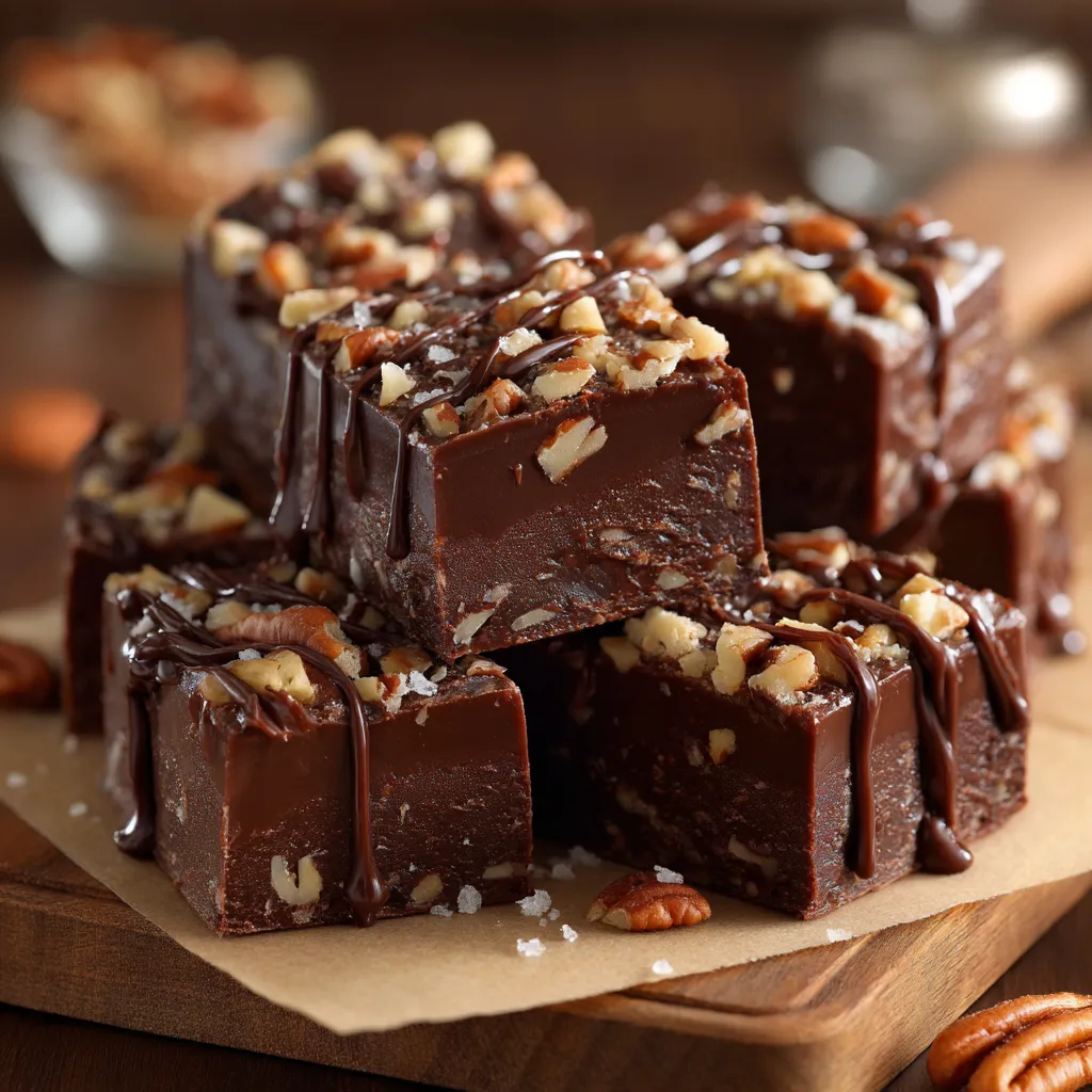 A stack of chocolate squares with nuts.