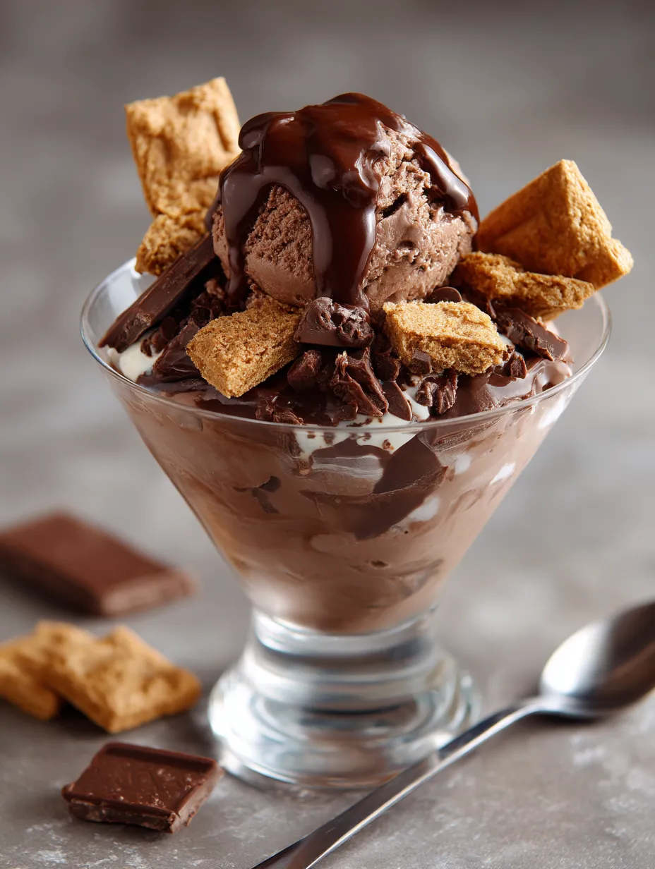 A glass of ice cream with chocolate sauce and crushed cookies.