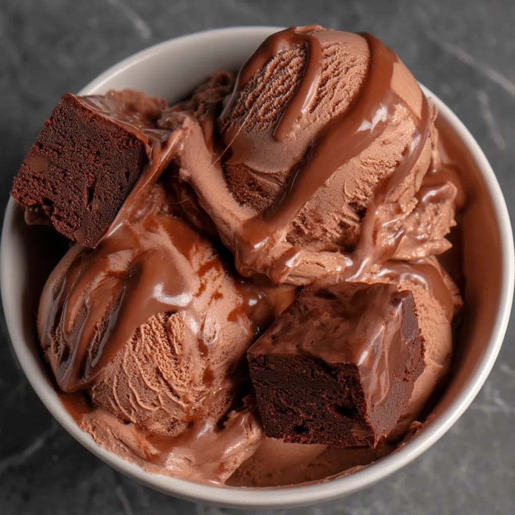 A bowl of ice cream with chocolate sauce and chocolate chunks.
