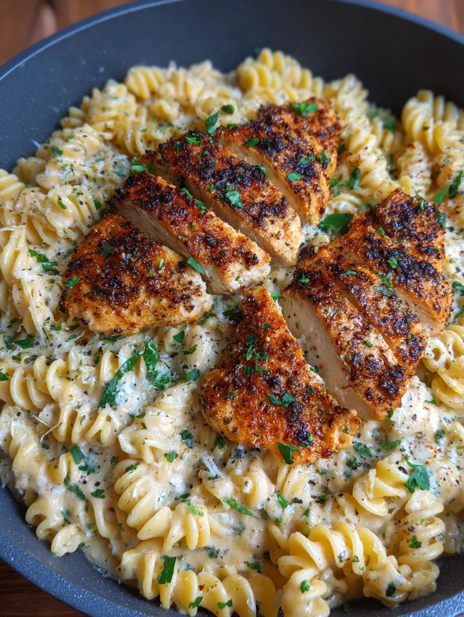 A plate of pasta with chicken and herbs.