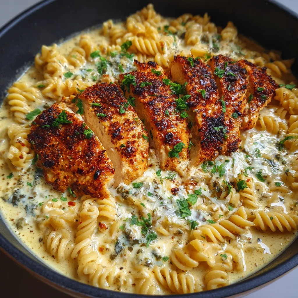 A bowl of pasta with chicken and cheese.