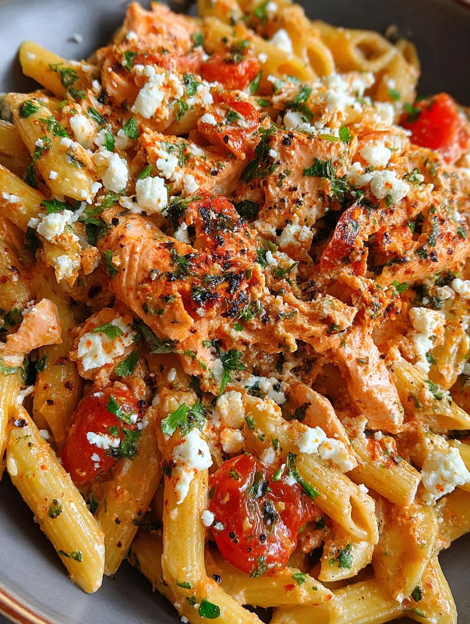 A plate of pasta with chicken and tomatoes.