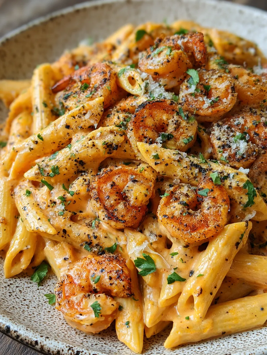 A plate of pasta with shrimp and cheese.