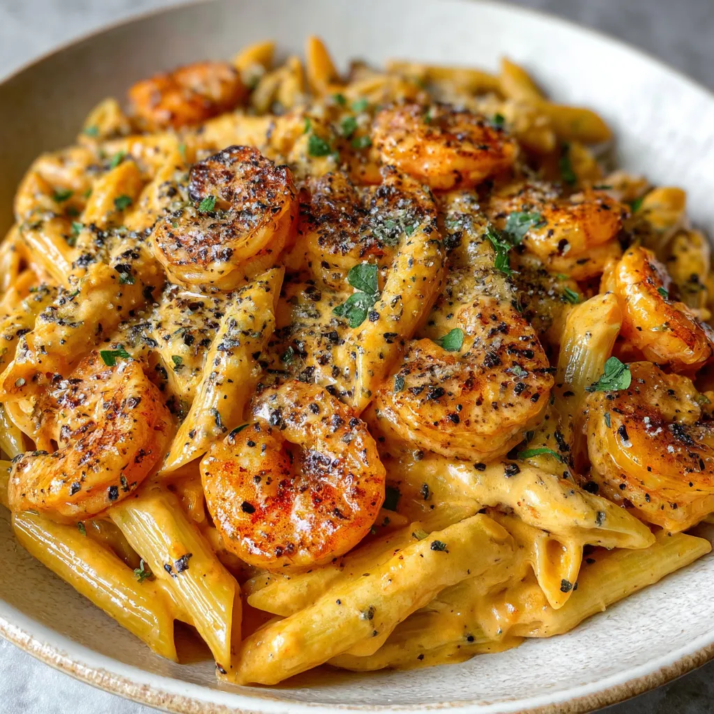 A bowl of pasta with shrimp and cheese.