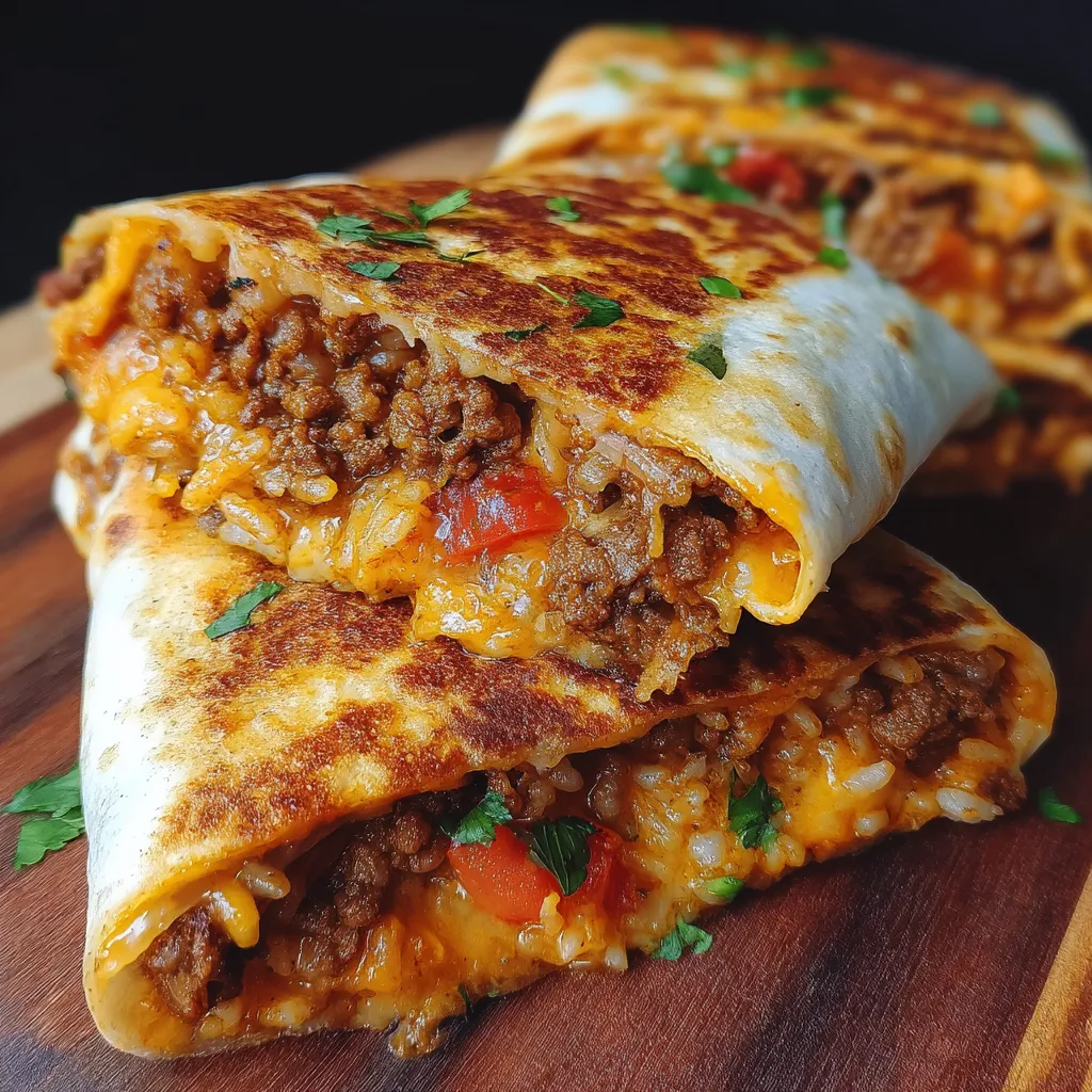 A burrito with rice and meat on a wooden table.