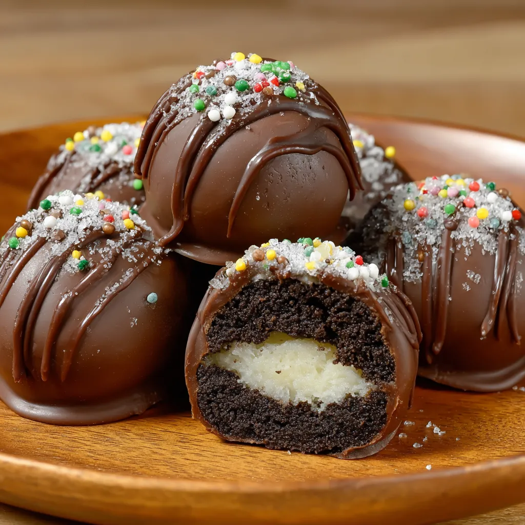 Chocolate cake balls with white frosting.