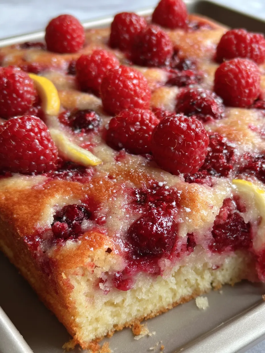A slice of cake with raspberries and lemon.