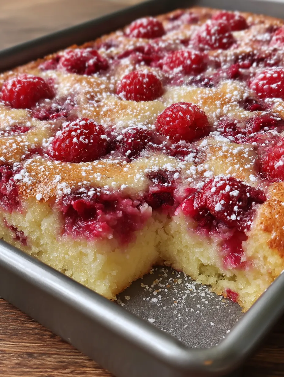 A slice of cake with raspberries on top.