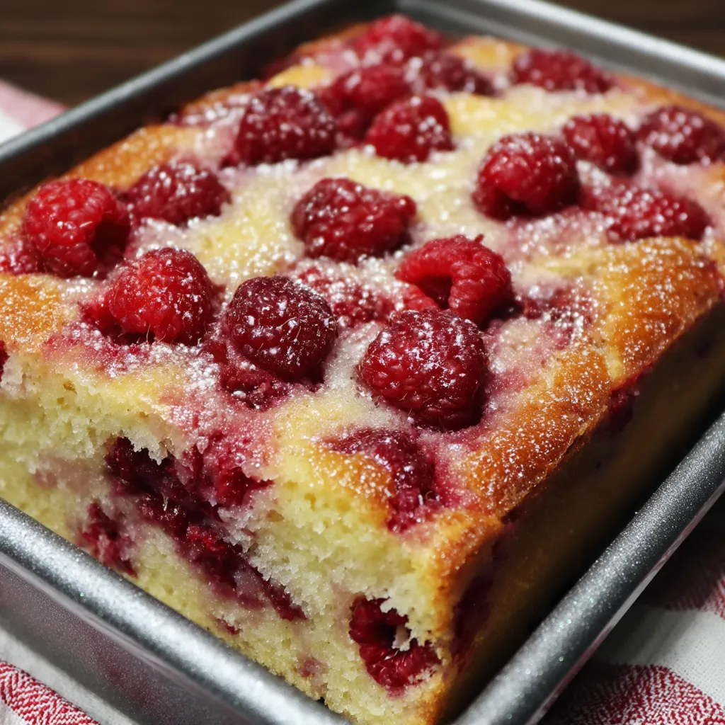 A slice of cake with raspberries on top.