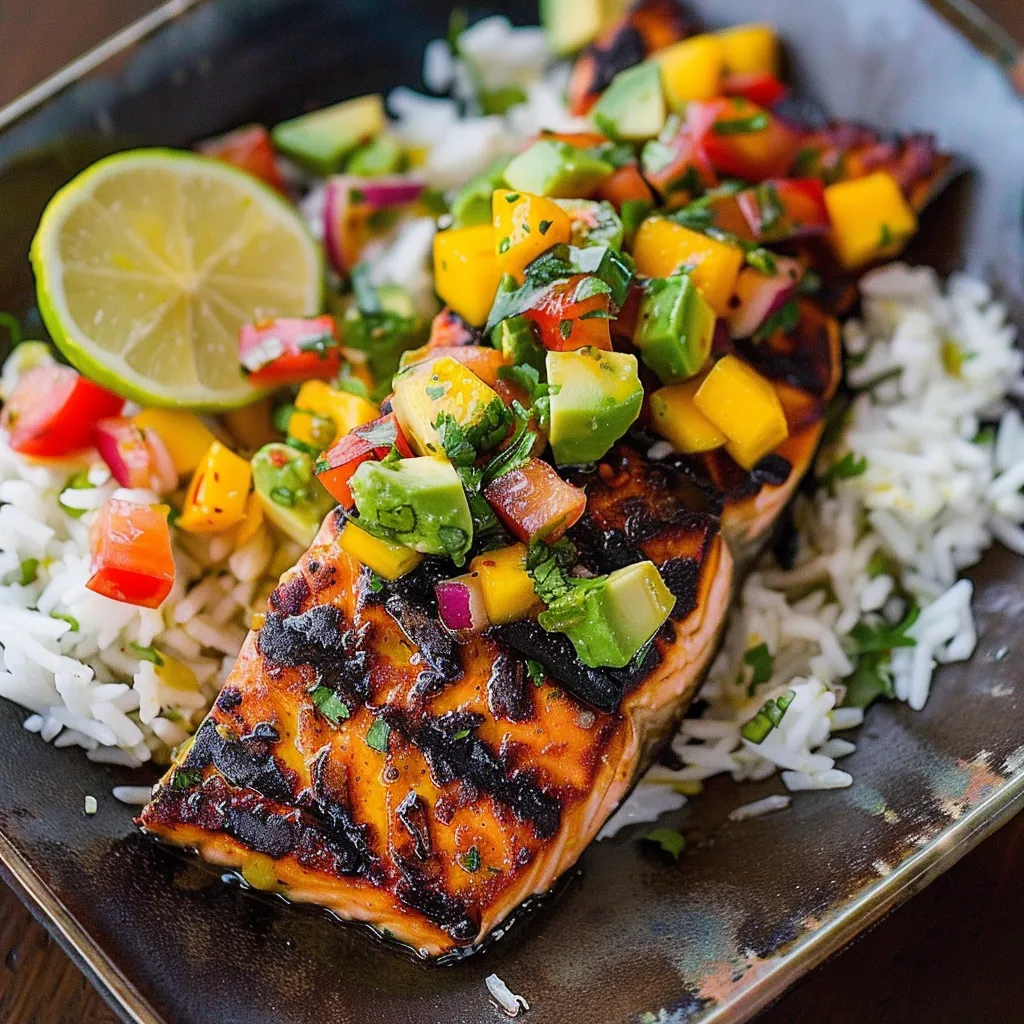 Zesty Grilled Salmon Topped with Mango Avocado Salsa Over Coconut Rice