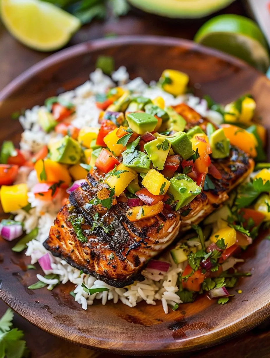 Grilled Lime Salmon with Avocado-Mango Salsa and Coconut Rice
