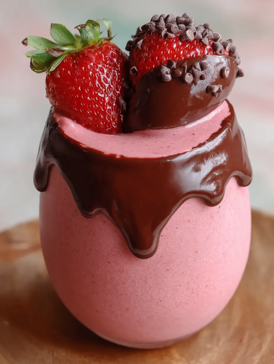 A chocolate and strawberry dessert in a cup.
