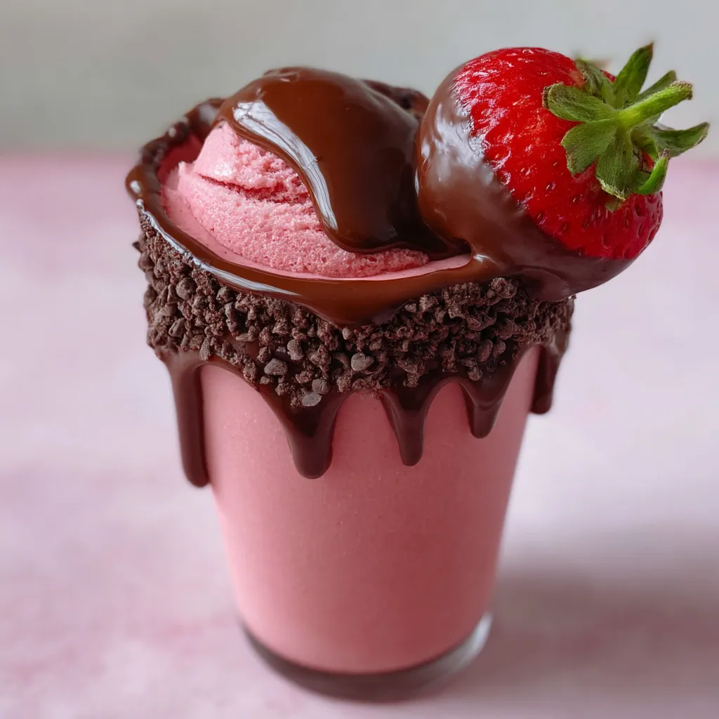 A glass of pink and brown liquid with a strawberry on top.