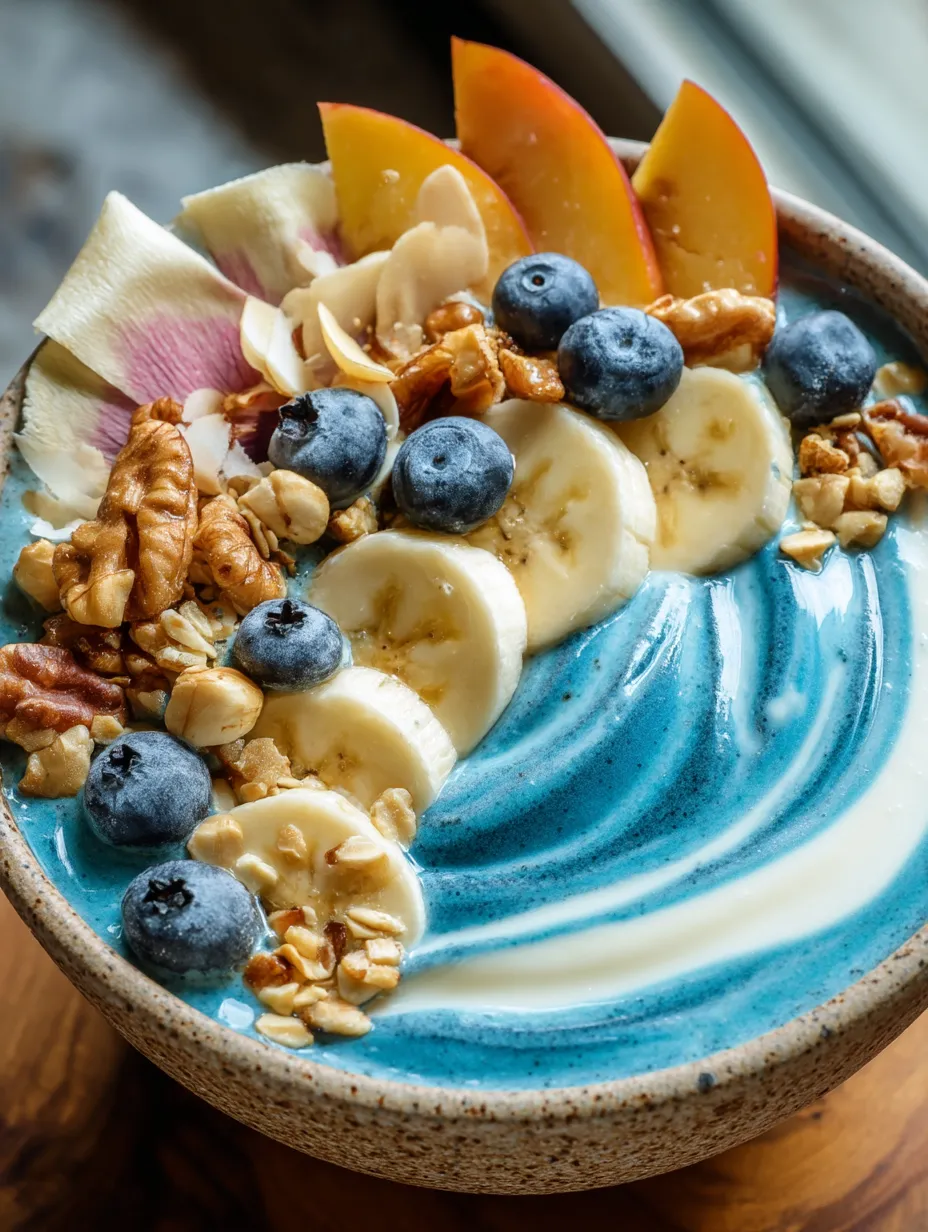 A bowl of fruit with bananas, blueberries, and walnuts.