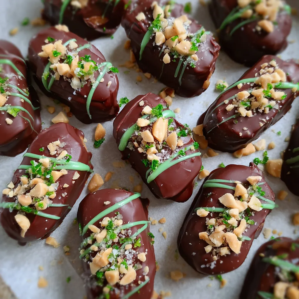 Chocolate candies with nuts and green toppings.
