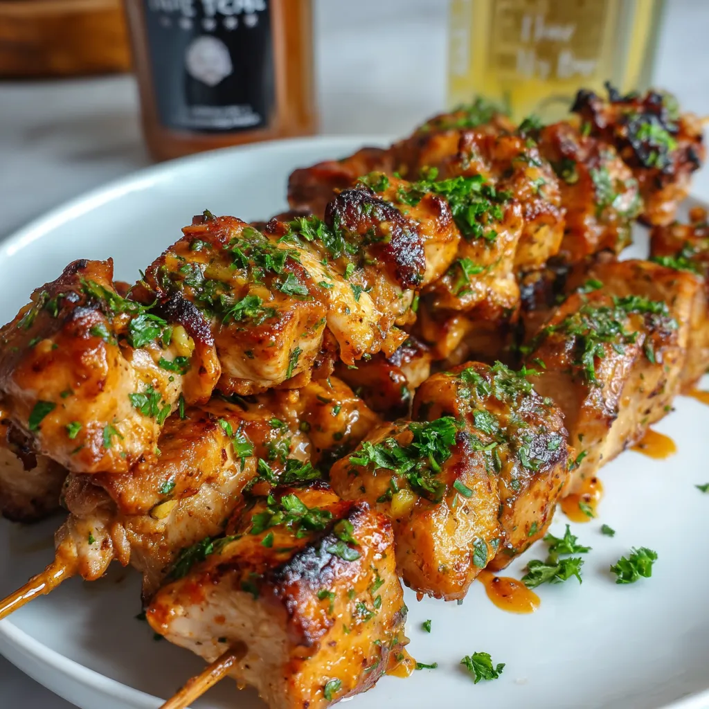 A plate of shish kabob with a bottle of honey in the background.