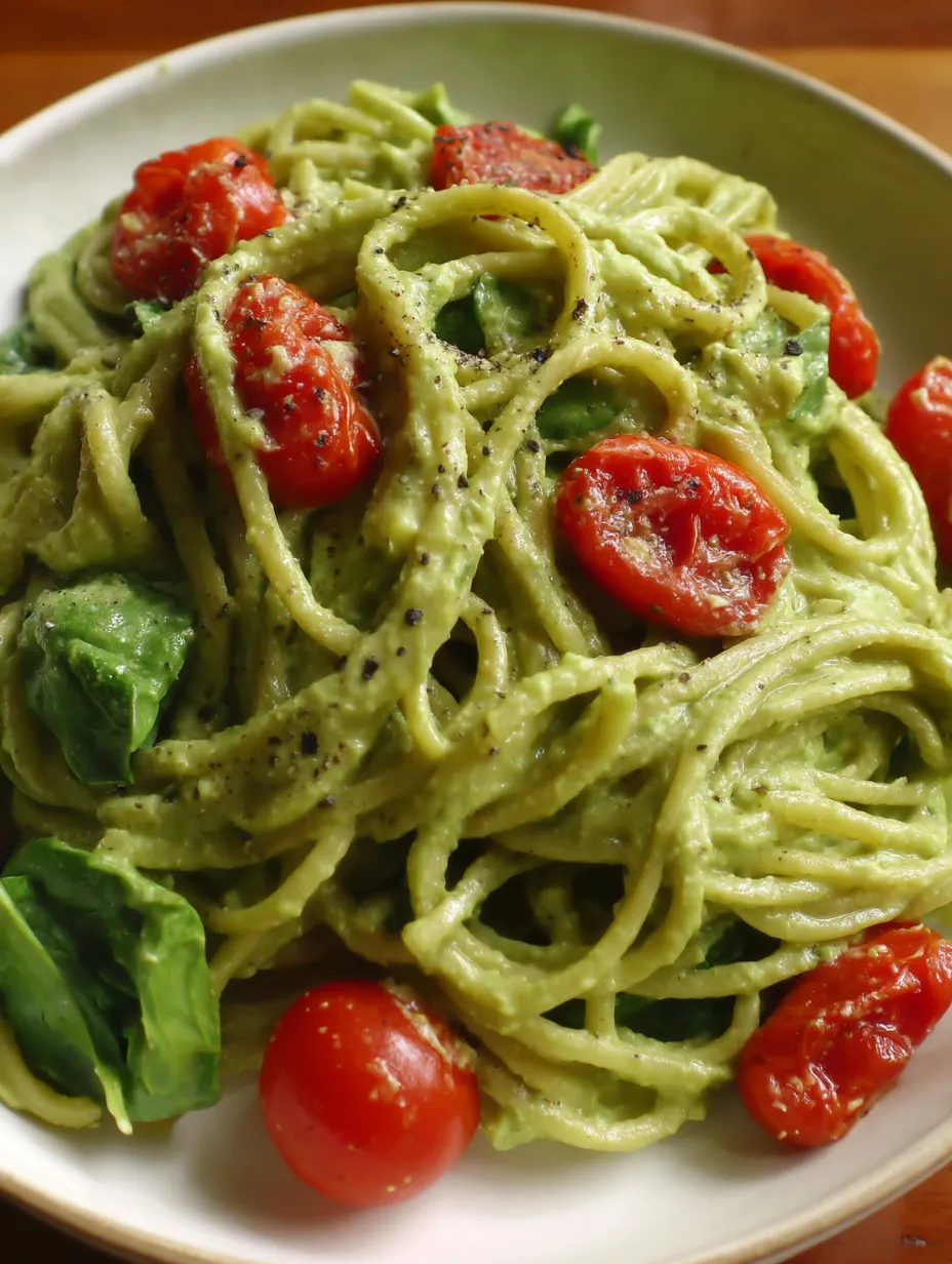A plate of pasta with tomatoes and spinach.