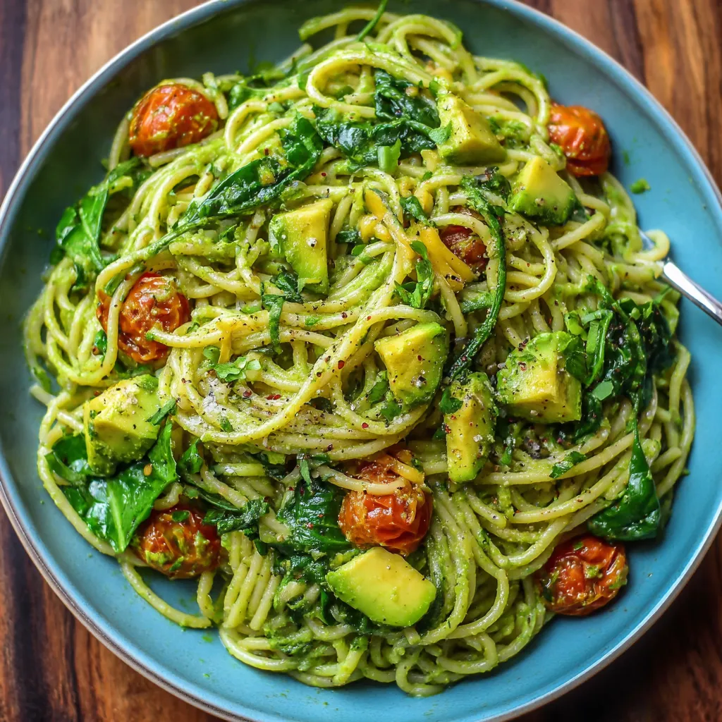 A plate of pasta with tomatoes and avocado.