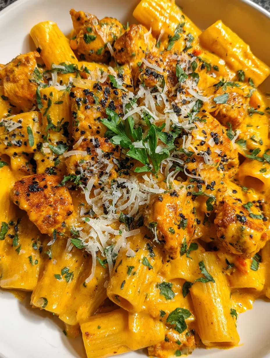 A plate of pasta with chicken and cheese.