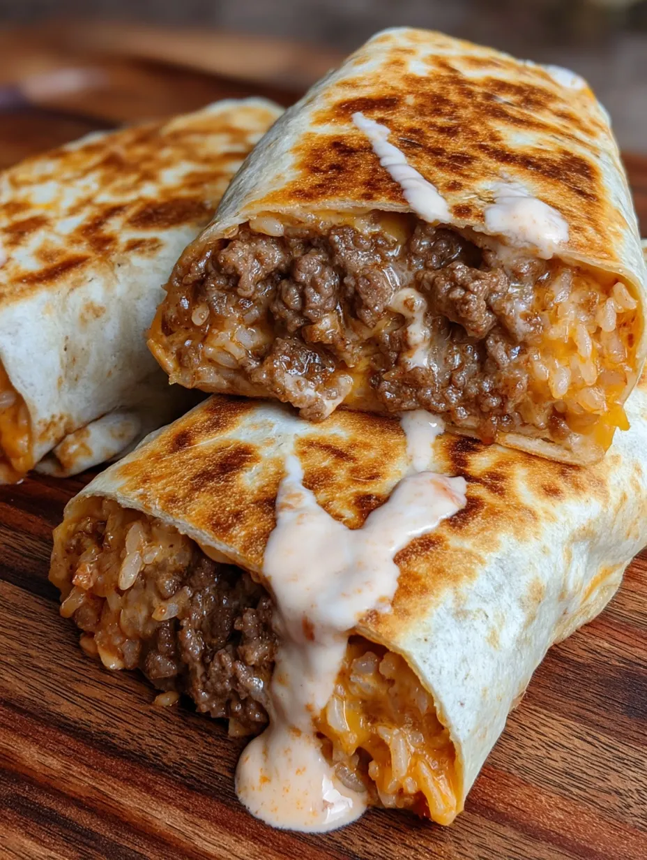 A burrito with rice and meat on a wooden table.